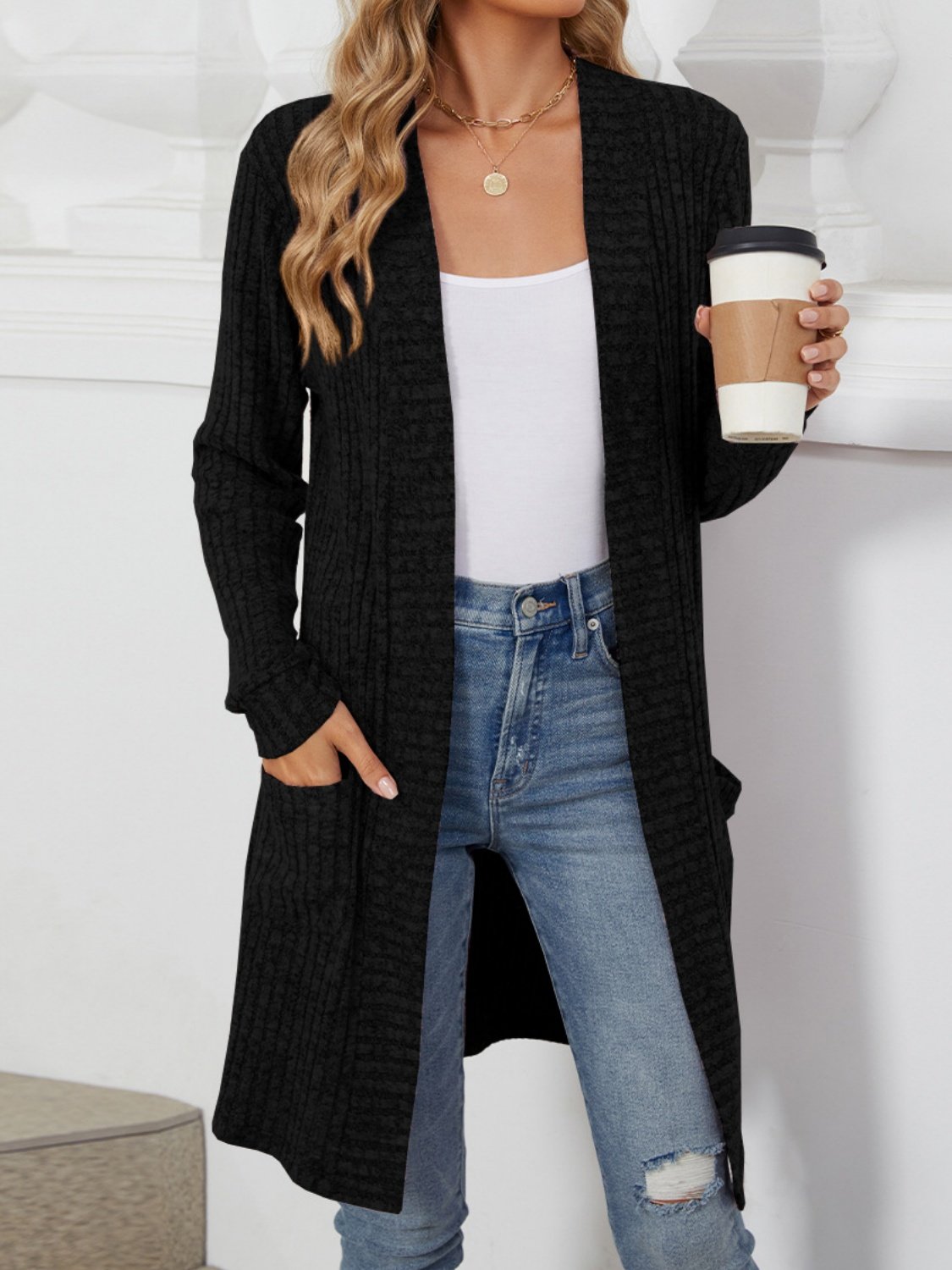 Lady Romance Wrap Rayon Pocket Autumn And Winter Long Solid Color Long Sleeve Loose Cardigan
