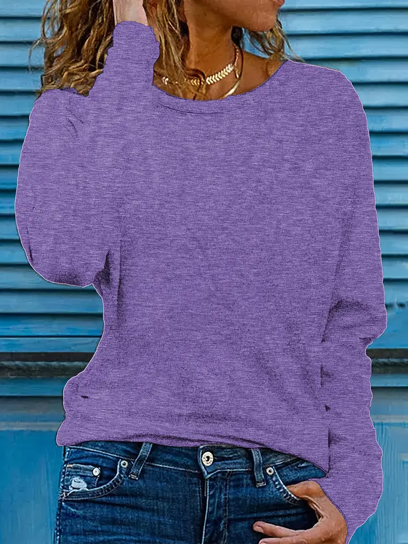 Women Plain Crew Neck Casual Long Sleeve T-shirt
