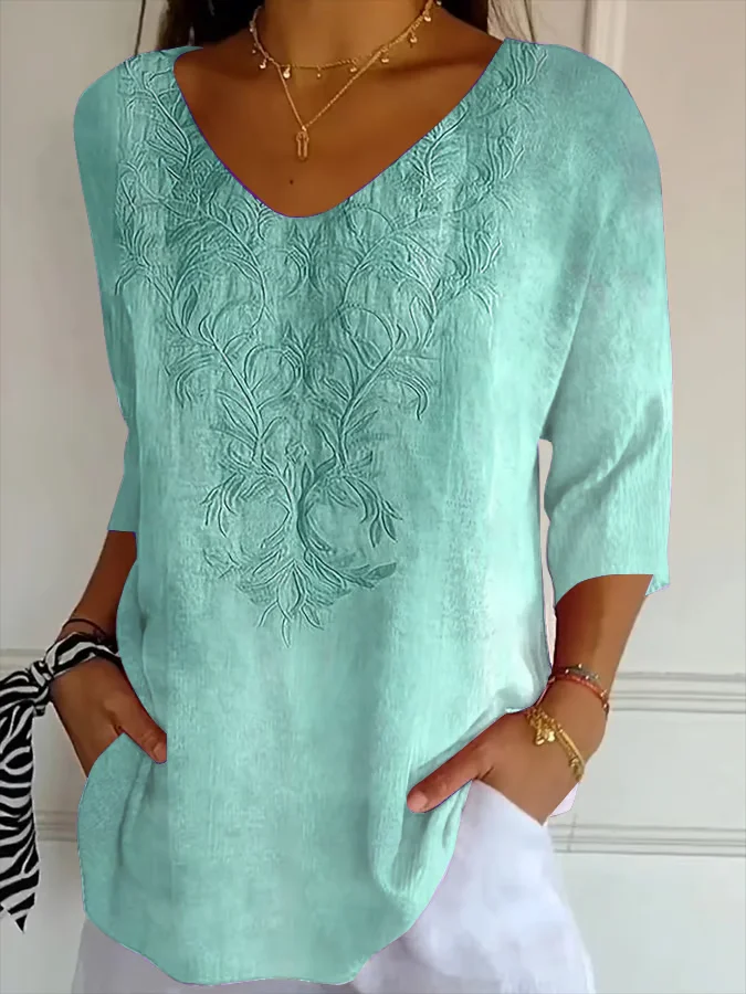 Women Floral V Neck Casual Three Quarter Sleeve T-shirt