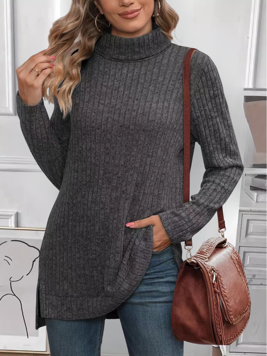 Women Plain Turtleneck Vintage Long Sleeve T-shirt