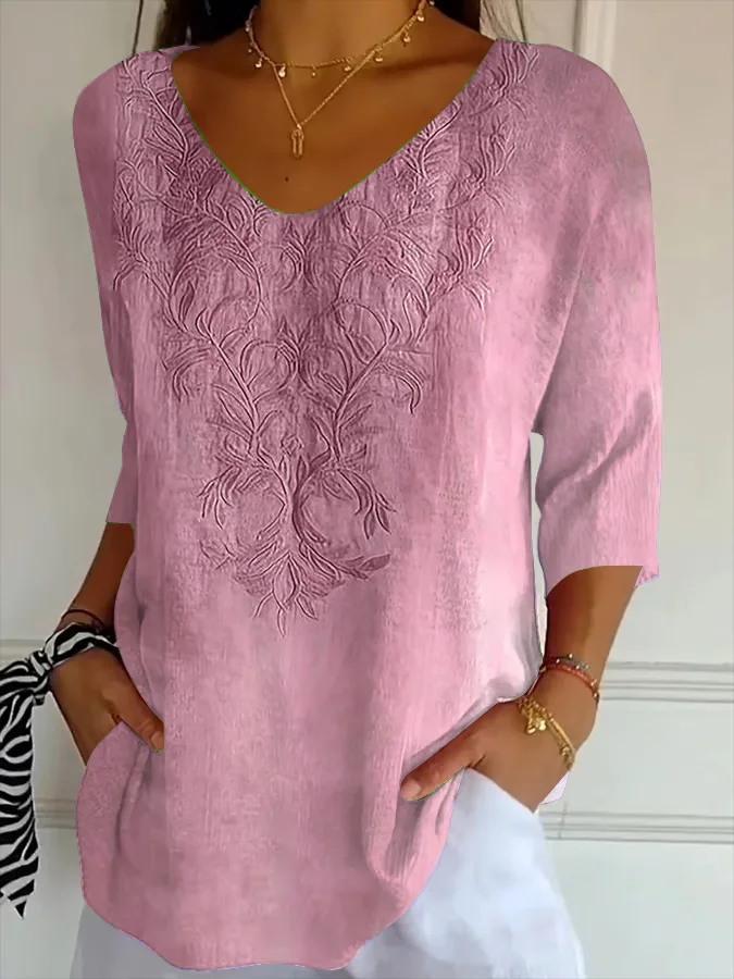 Women Floral V Neck Casual Three Quarter Sleeve T-shirt