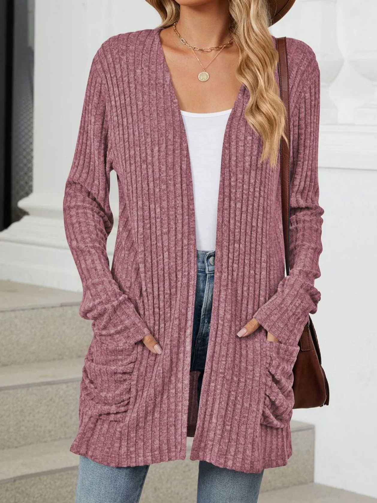 Cotton-Blend Loose Simple New Autumn And Winter Solid Color Casual Pocket Long-sleeved Warm Knitted Cardigan