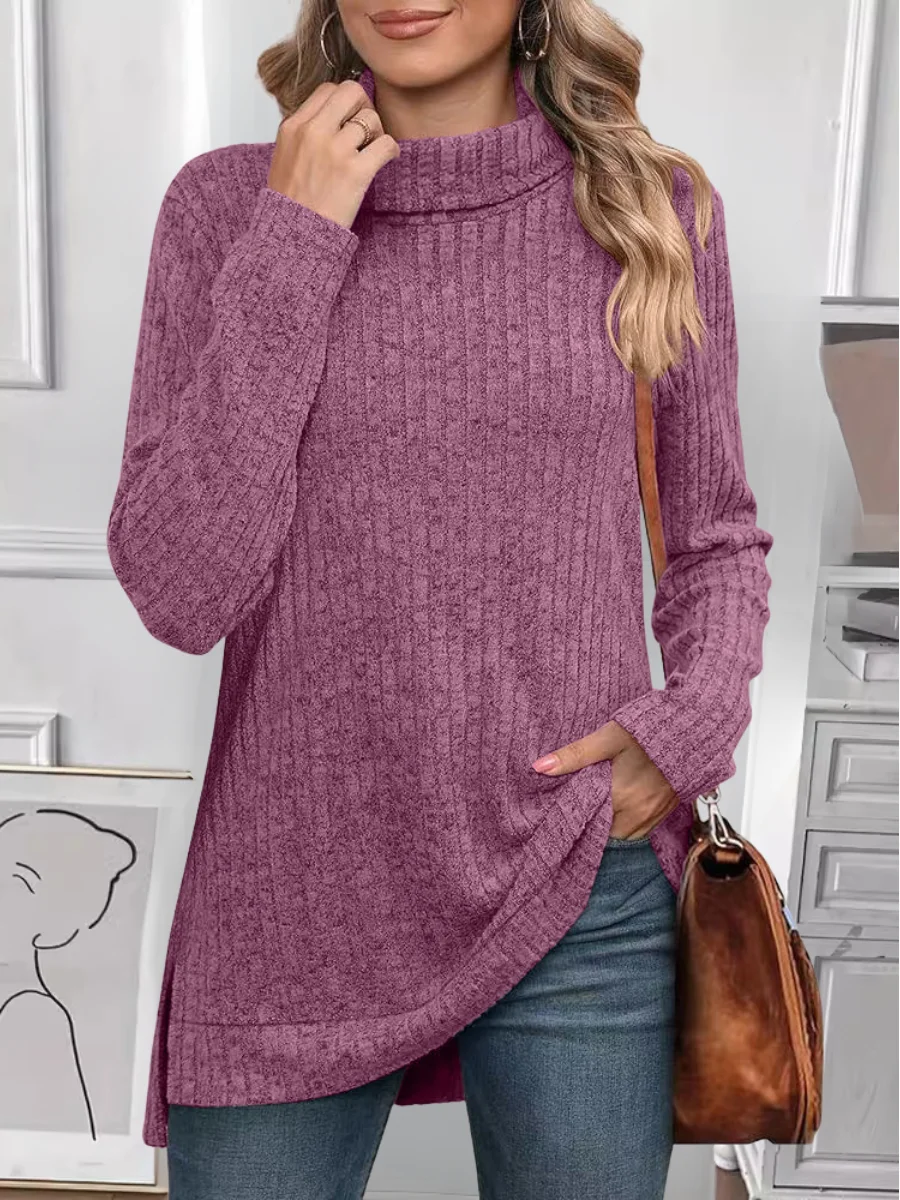 Women Plain Turtleneck Vintage Long Sleeve T-shirt