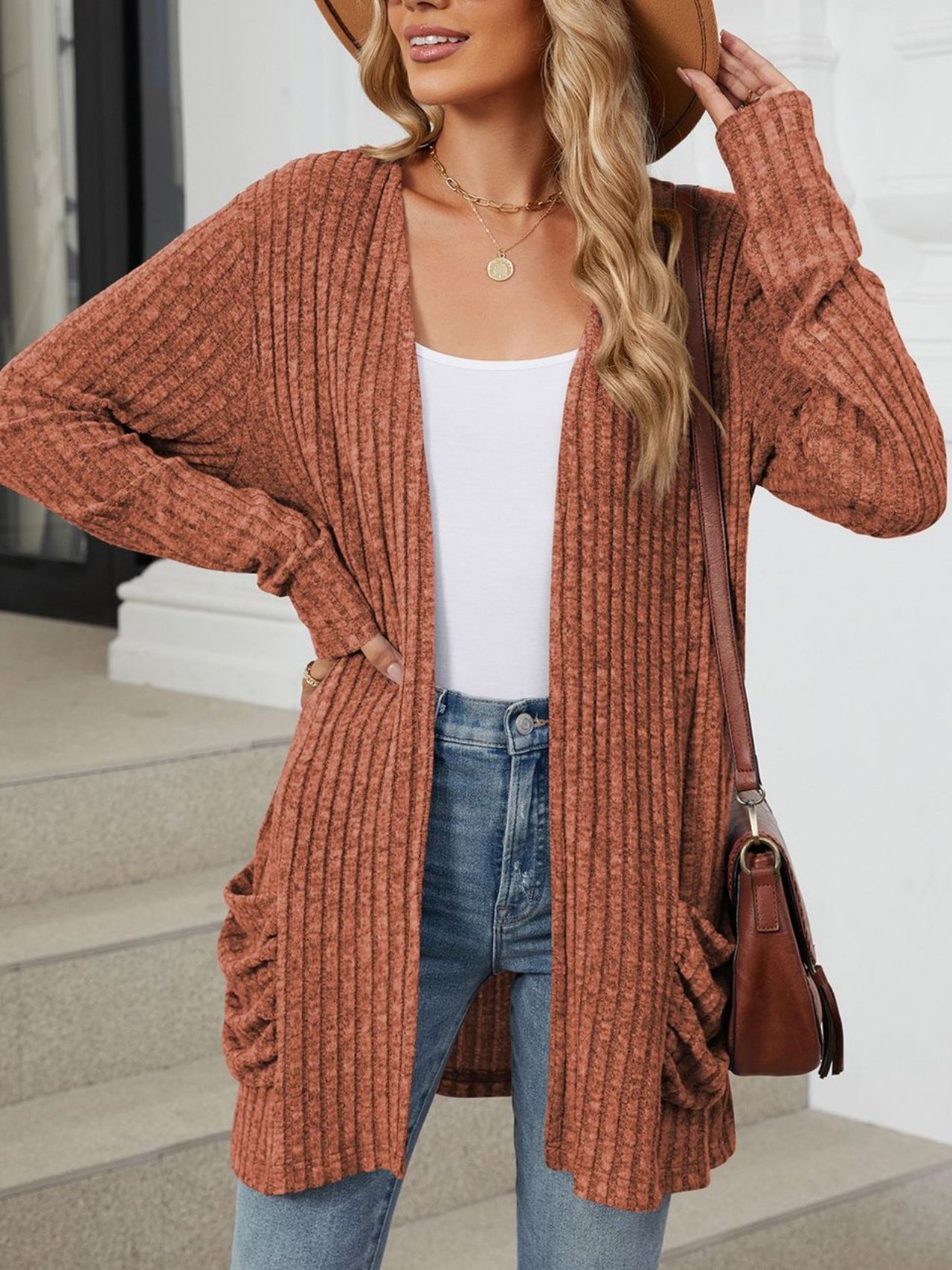 Cotton-Blend Loose Simple New Autumn And Winter Solid Color Casual Pocket Long-sleeved Warm Knitted Cardigan