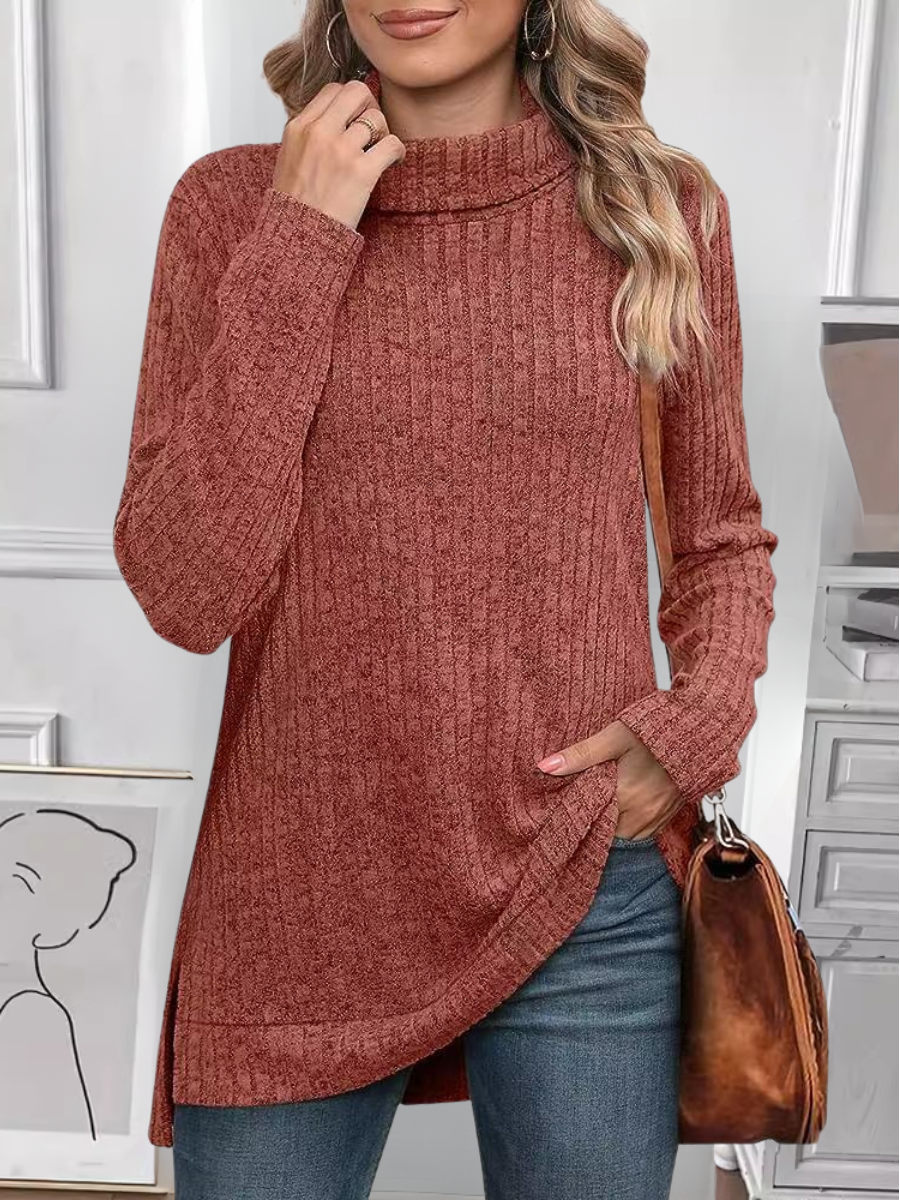 Women Plain Turtleneck Vintage Long Sleeve T-shirt
