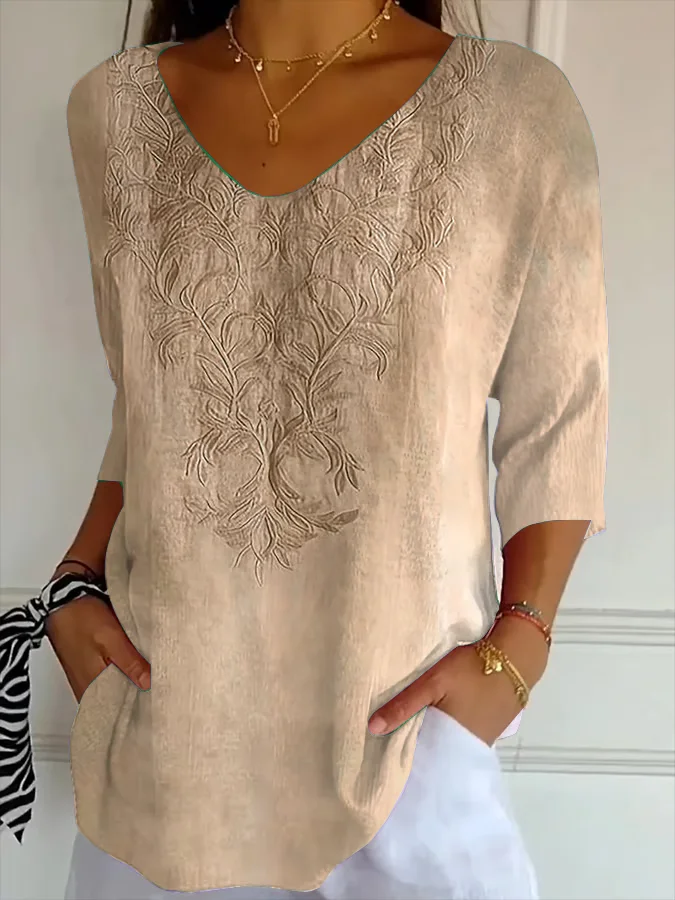 Women Floral V Neck Casual Three Quarter Sleeve T-shirt