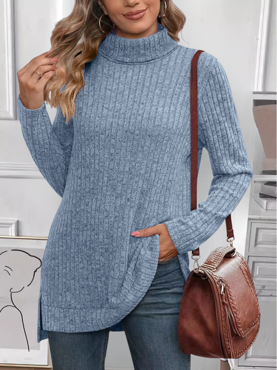 Women Plain Turtleneck Vintage Long Sleeve T-shirt
