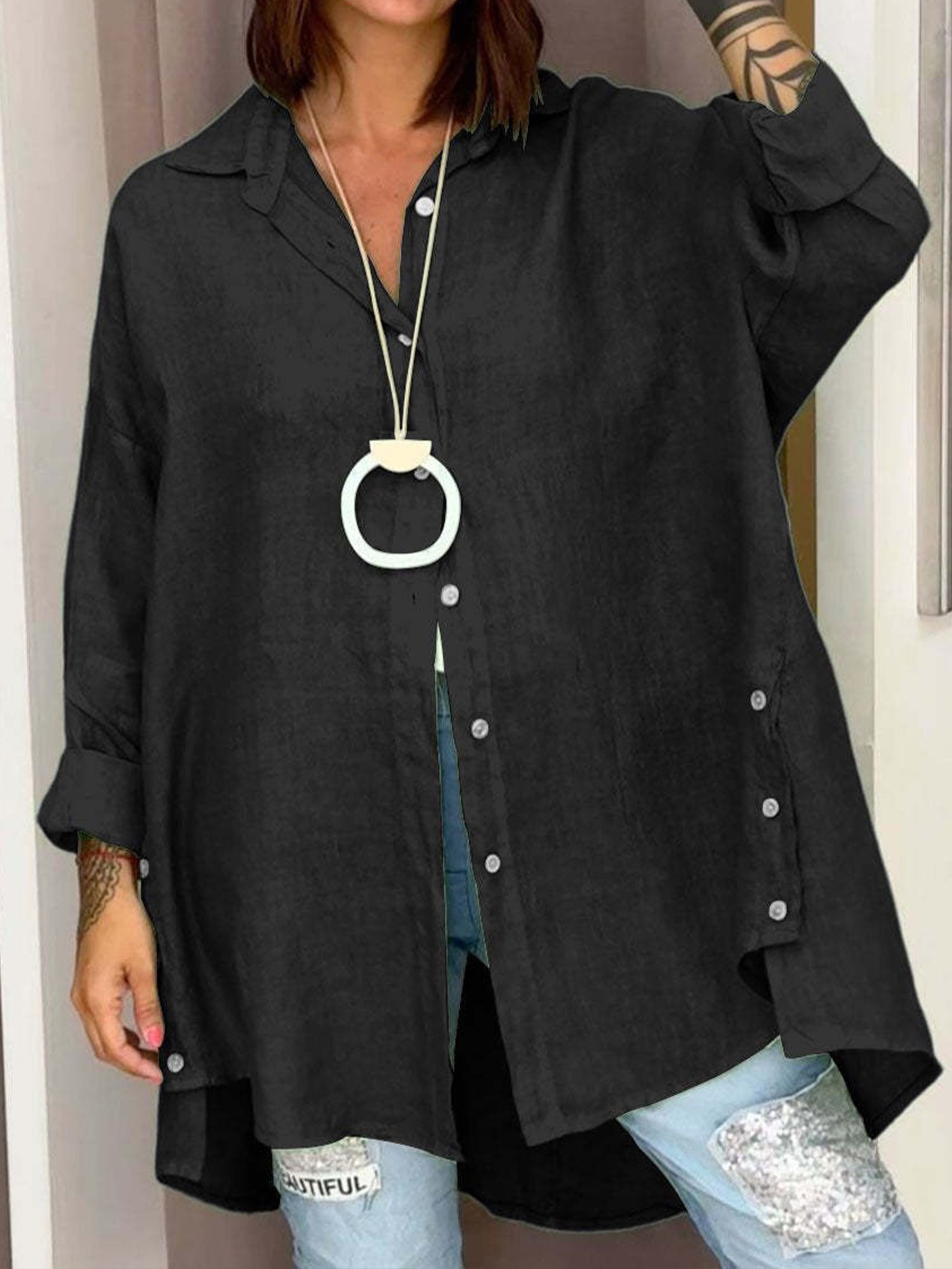 Cotton-Blend Casual Plain Shirt Collar Shirt
