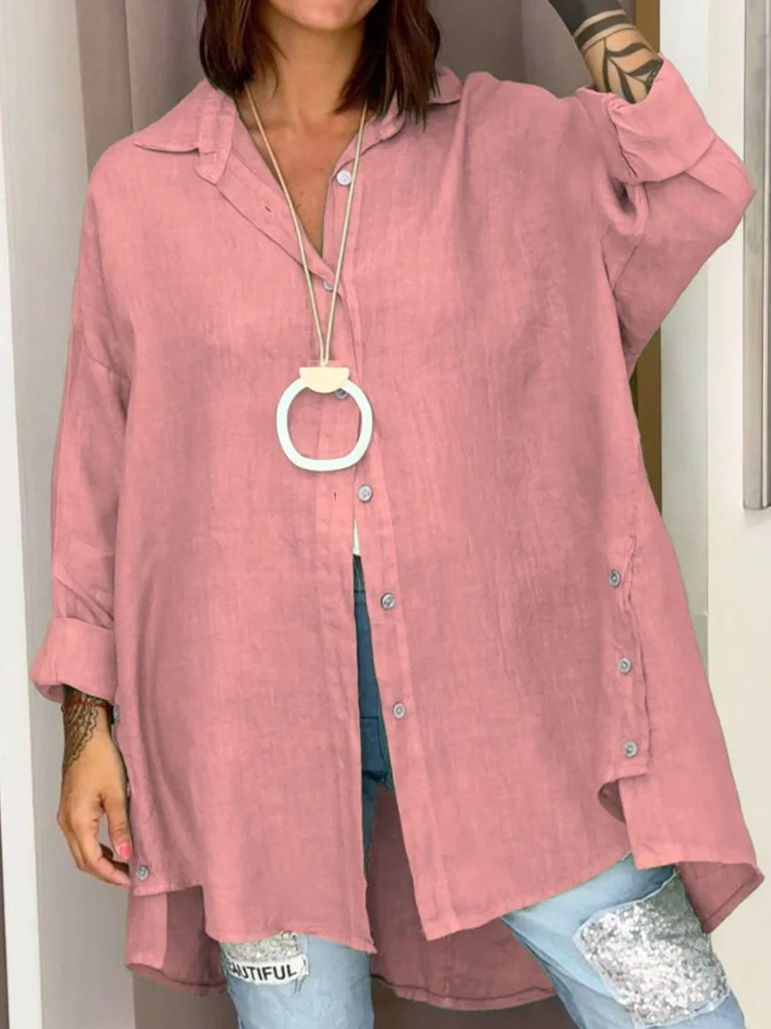 Cotton-Blend Casual Plain Shirt Collar Shirt