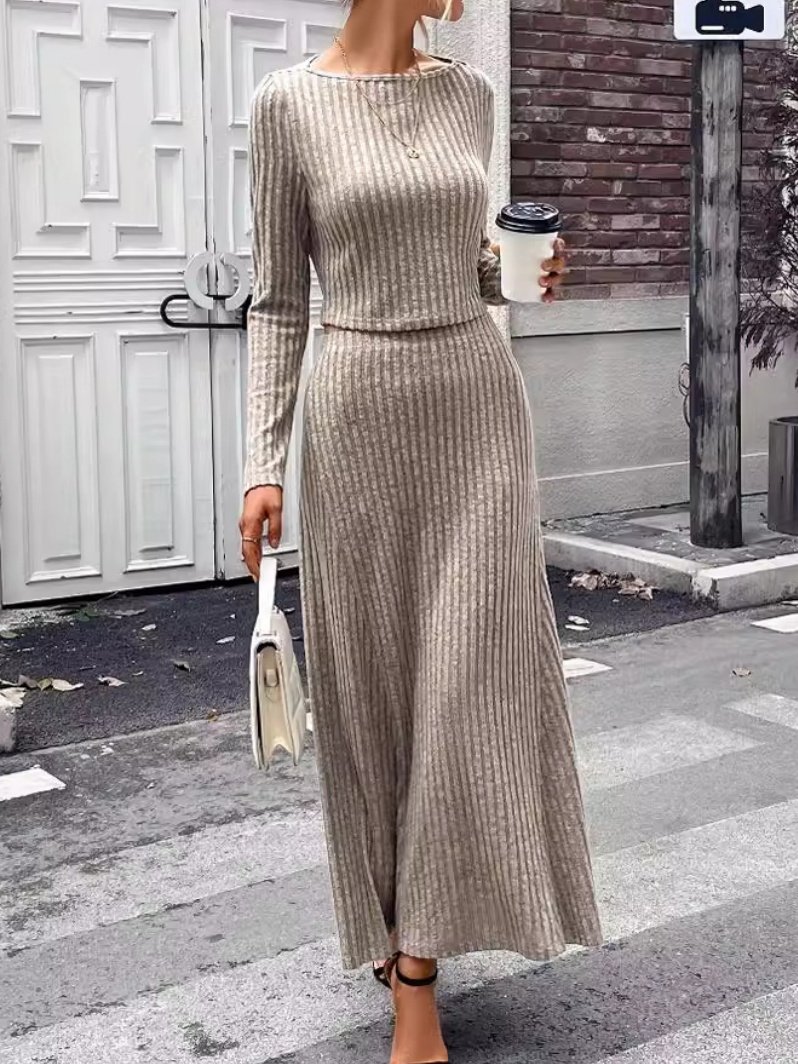 Women's Split Joint Plain Daily Going Out Two-Piece Set Coffee Casual Spring/Fall Top With Skirt Matching Set