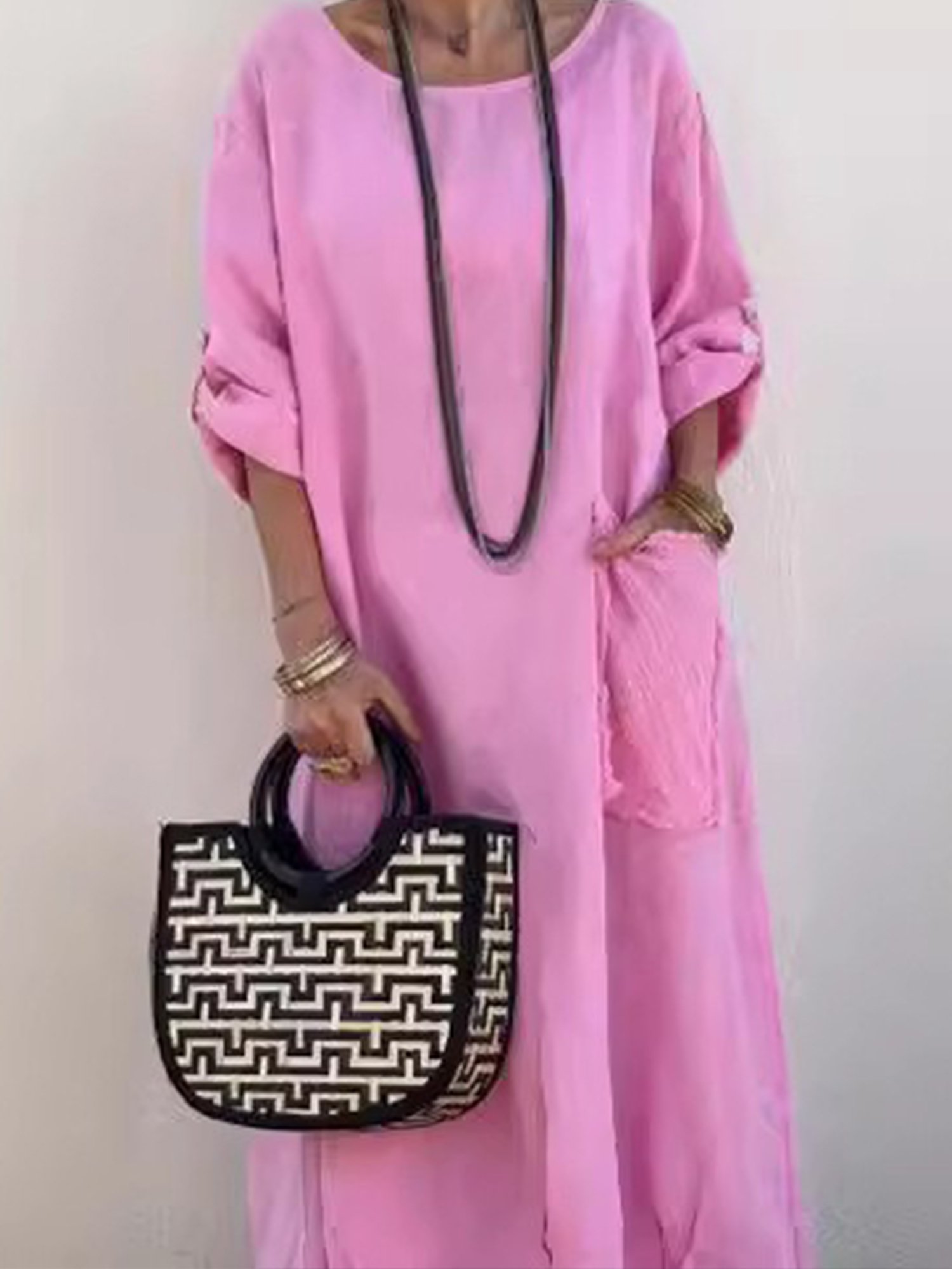 Casual Plain Regular Sleeve Crew Neck Midi Dress