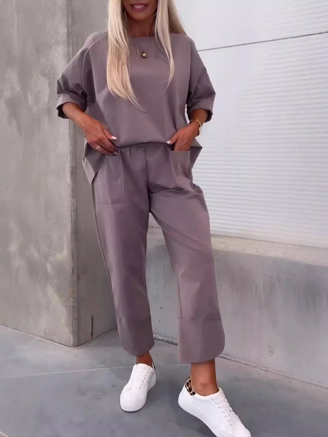 Women's Split Joint Plain Daily Going Out Two-Piece Set Purple Casual Spring/Fall Top With Pants Matching Set