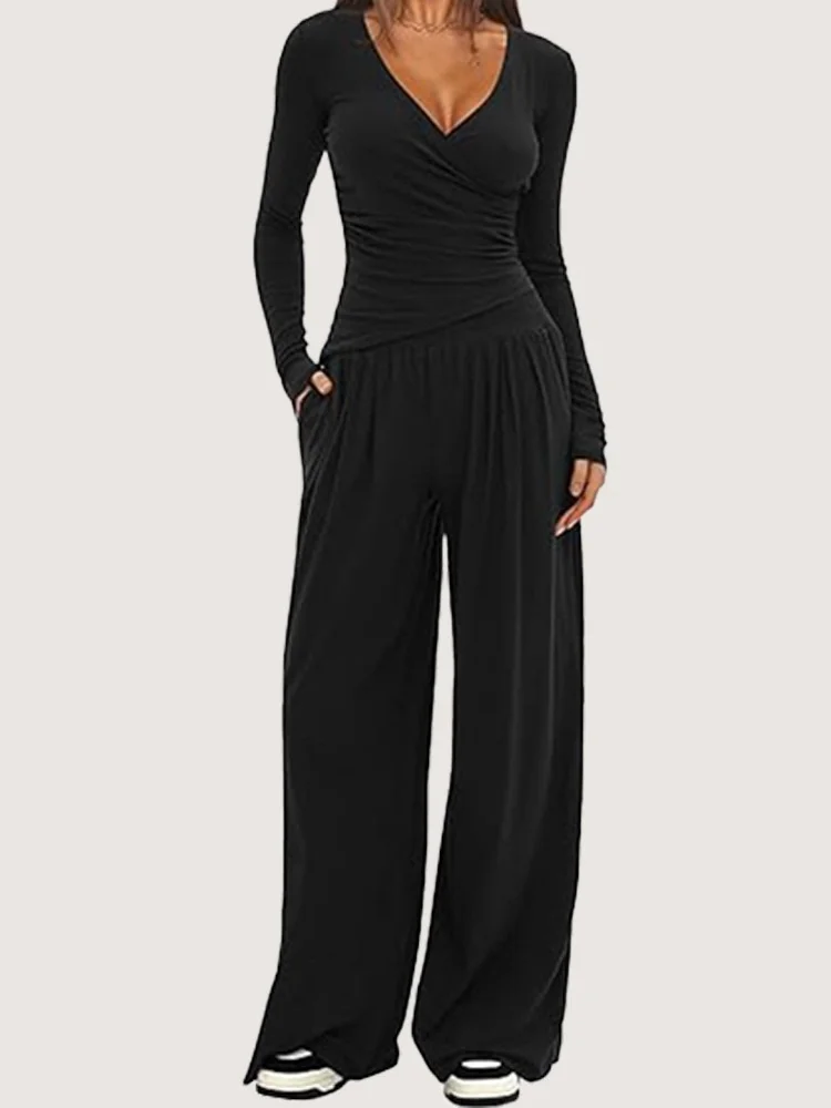 Women's Split Joint Plain Daily Going Out Two-Piece Set Black Casual Spring/Fall Top With Pants Matching Set