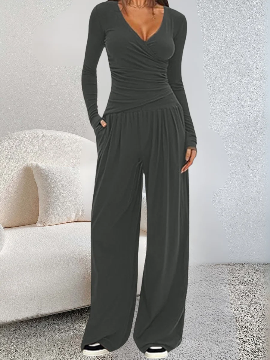 Women's Split Joint Plain Daily Going Out Two-Piece Set Black Casual Spring/Fall Top With Pants Matching Set