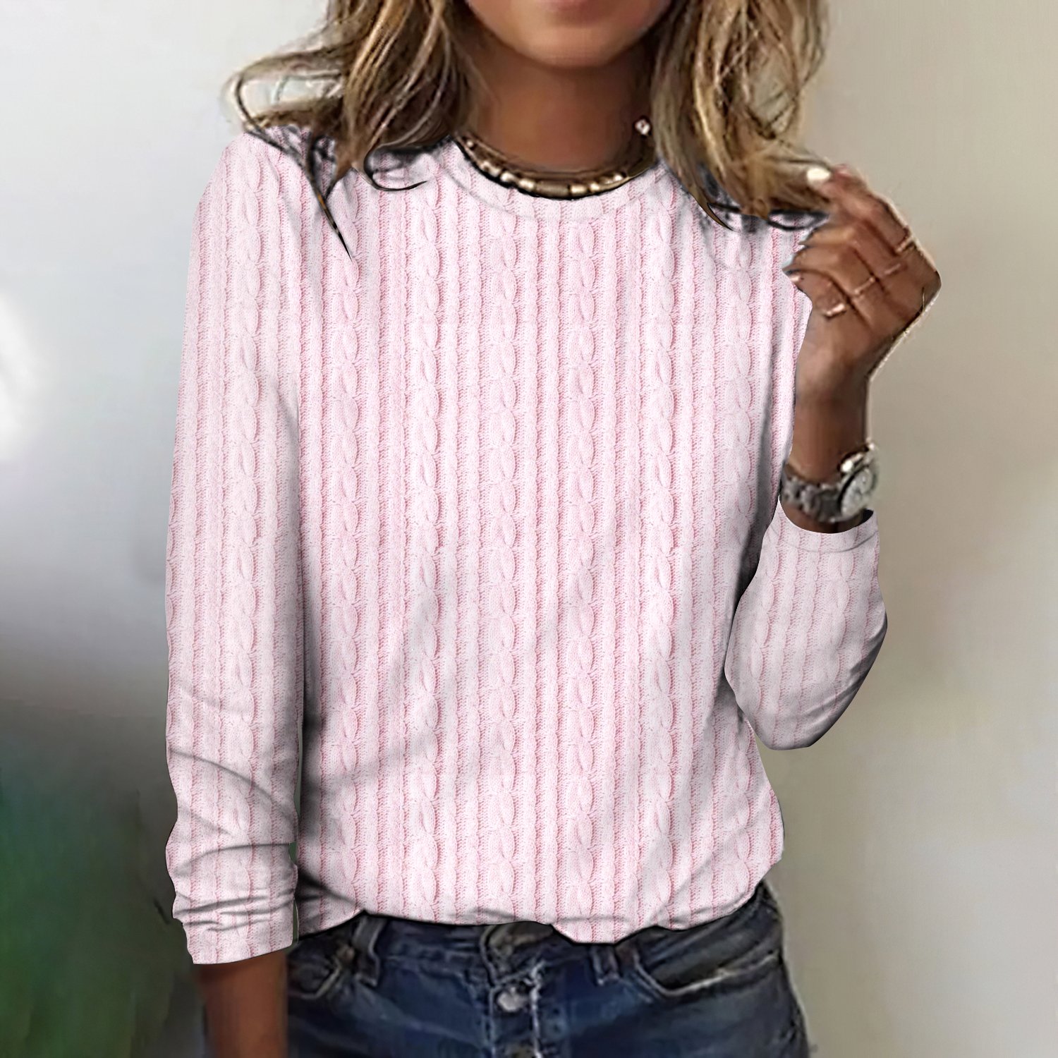 Women Striped Crew Neck Vintage Long Sleeve T-shirt