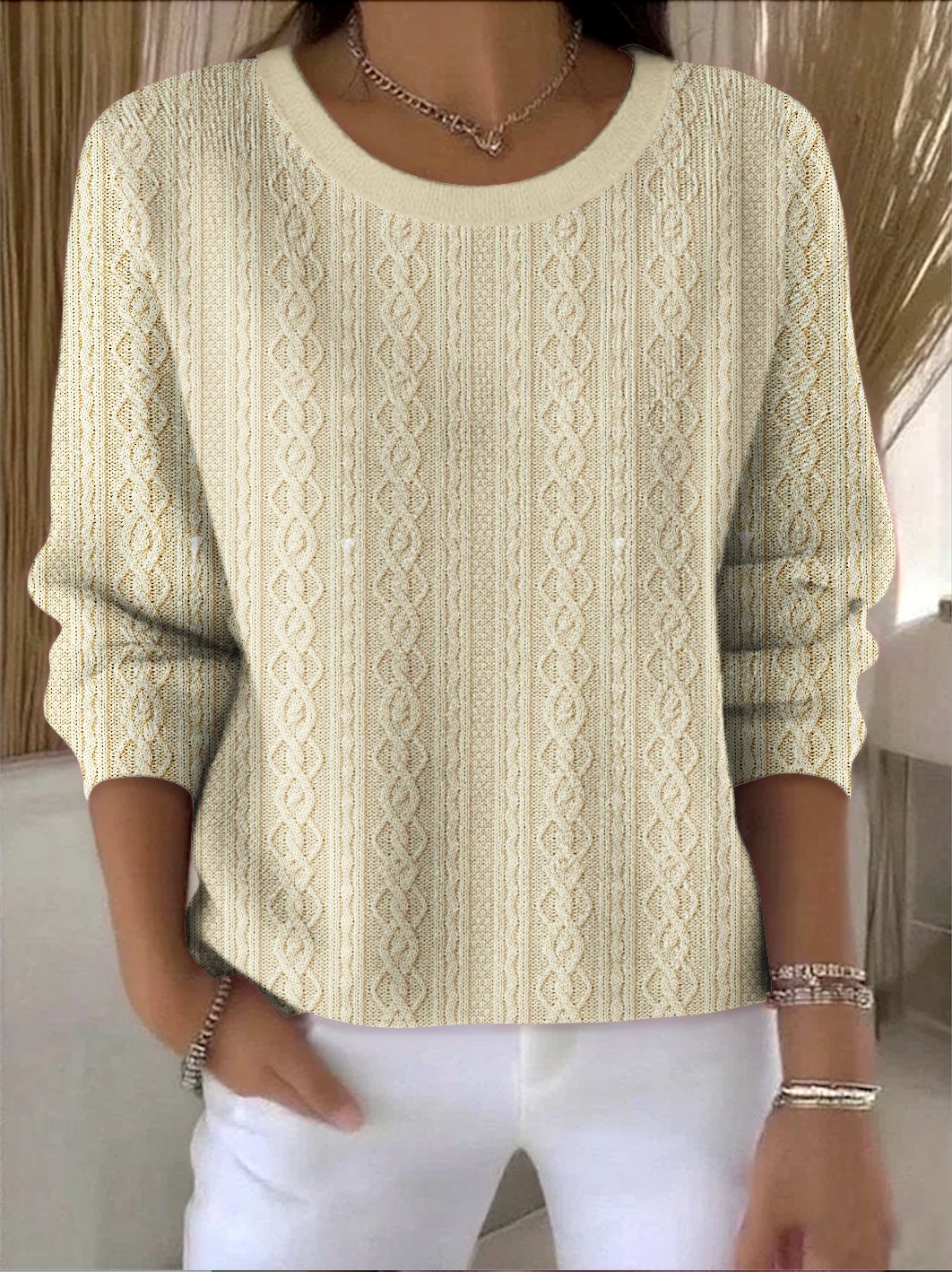 Cotton Vintage Crew Neck Geometric Sweater