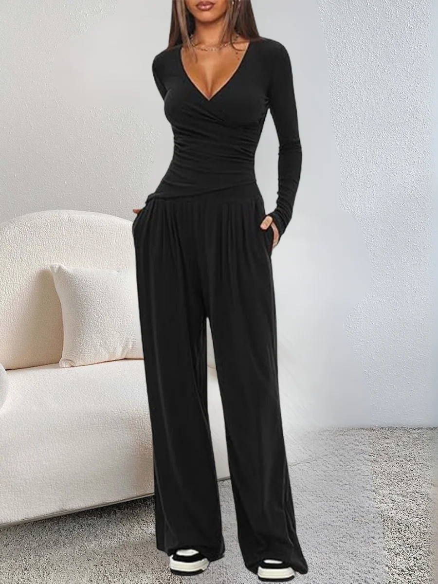 Women's Split Joint Plain Daily Going Out Two-Piece Set Black Casual Spring/Fall Top With Pants Matching Set