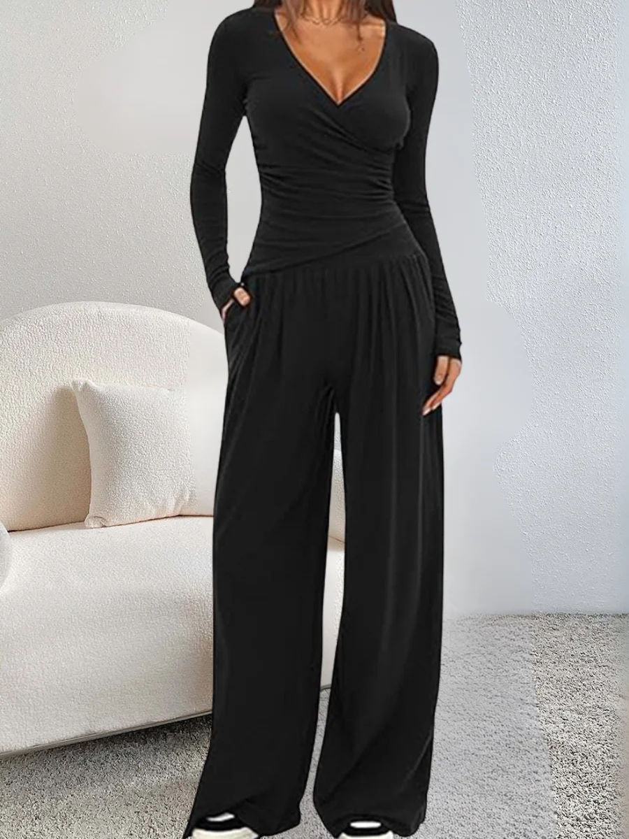 Women's Split Joint Plain Daily Going Out Two-Piece Set Black Casual Spring/Fall Top With Pants Matching Set