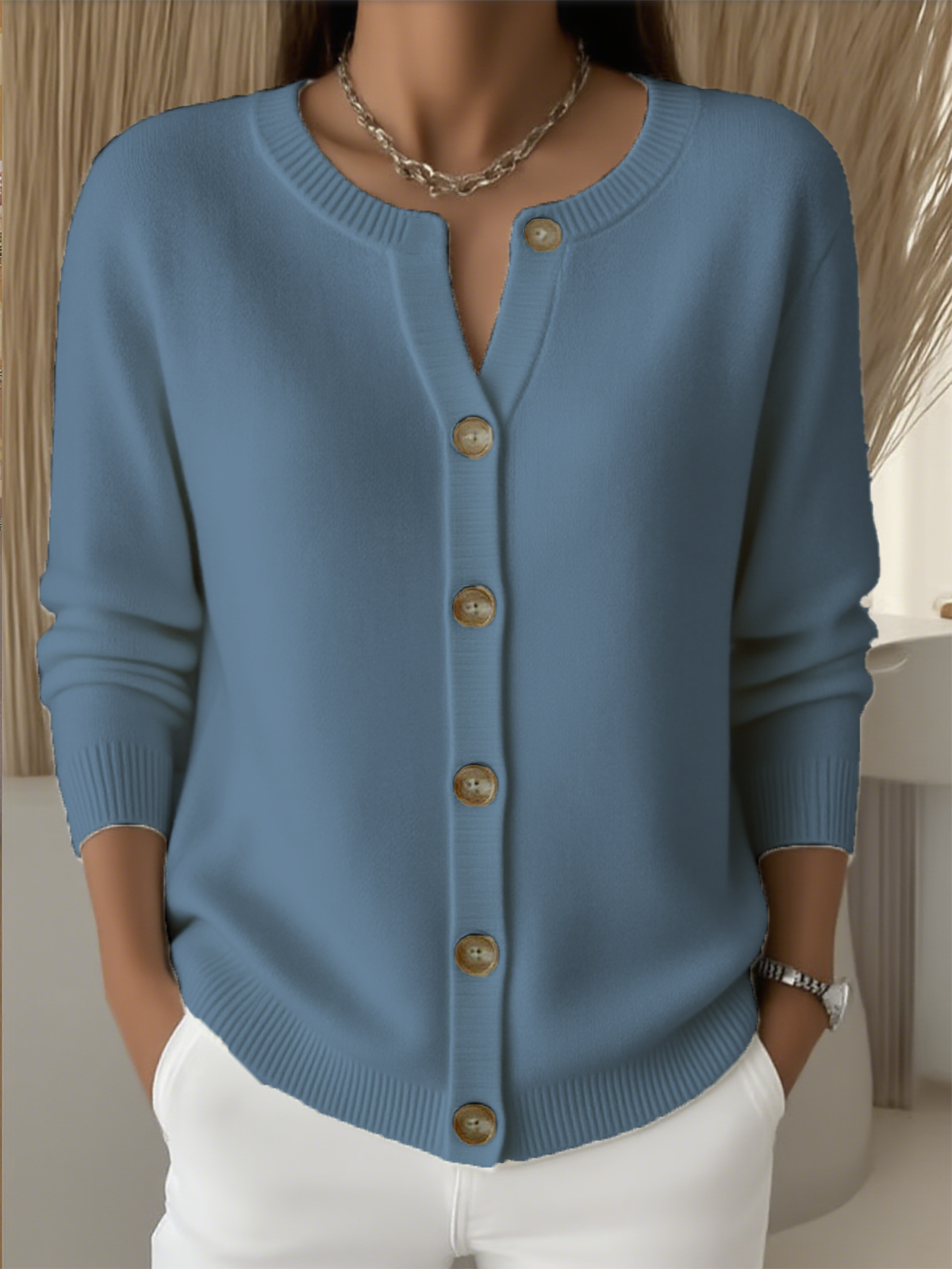 Casual Crew Neck Plain Cardigan