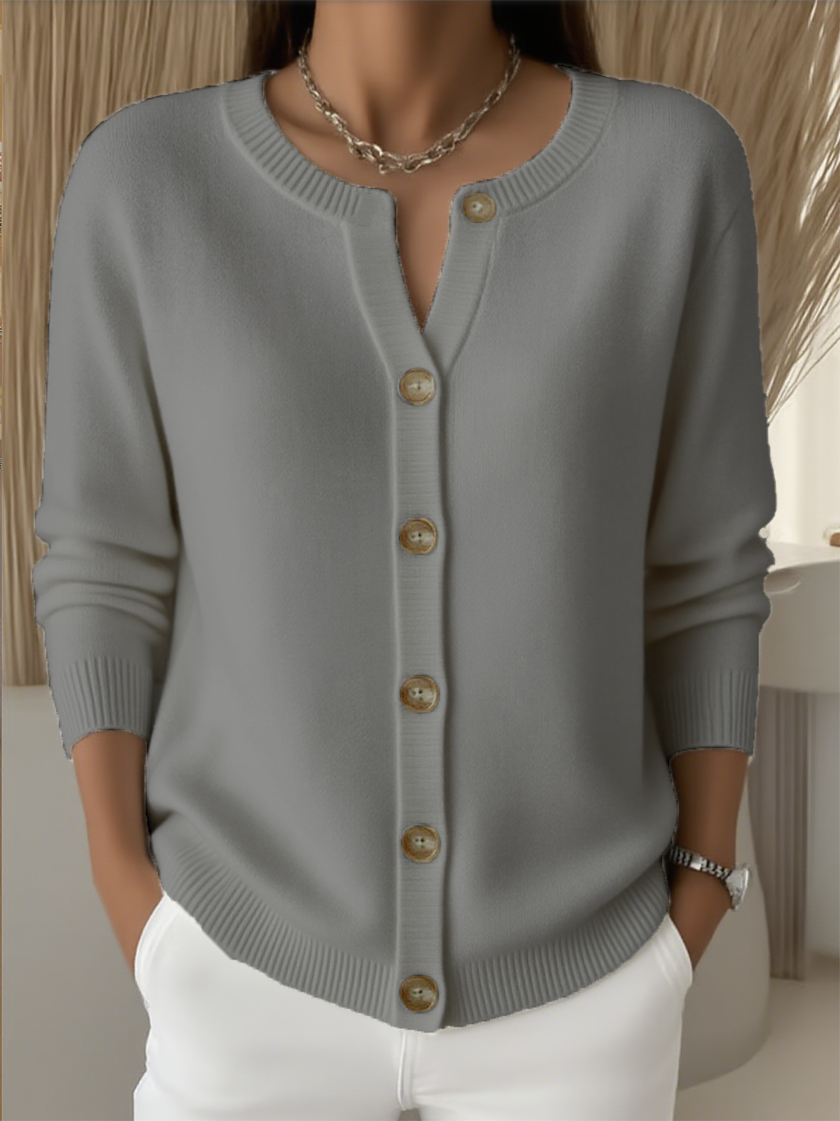Casual Crew Neck Plain Cardigan