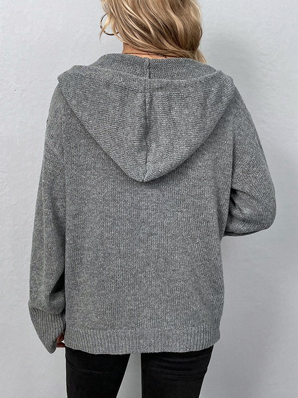 Split Joint Lady Romance Cotton Solid Color Hooded Single-breasted Cross-border Sweater Women 2025 Autumn And Winter New Drawstring Knitted Cardigan Jacket