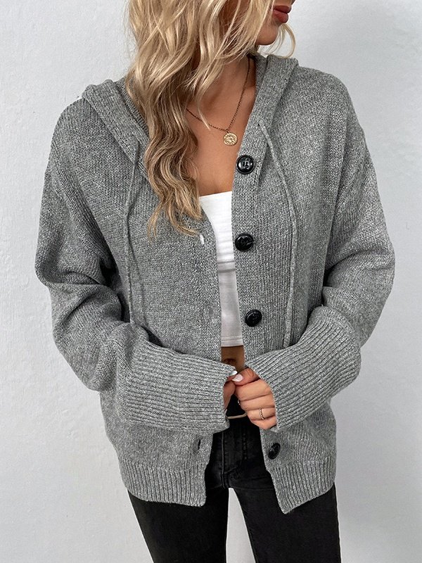 Split Joint Lady Romance Cotton Solid Color Hooded Single-breasted Cross-border Sweater Women 2025 Autumn And Winter New Drawstring Knitted Cardigan Jacket