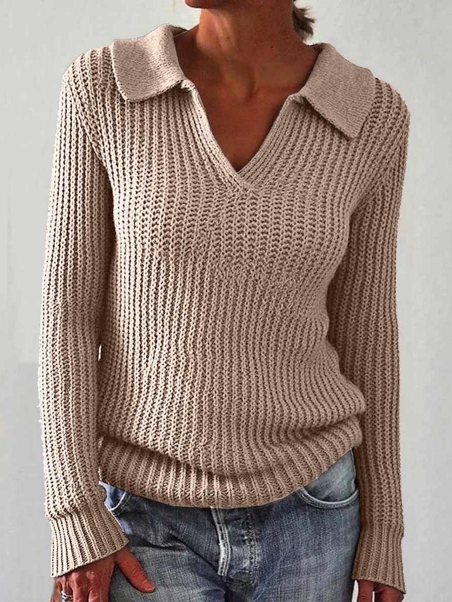 Women's Solid Color Long Sleeve Sweater Lapel Slim Fit Vintage Knit Top