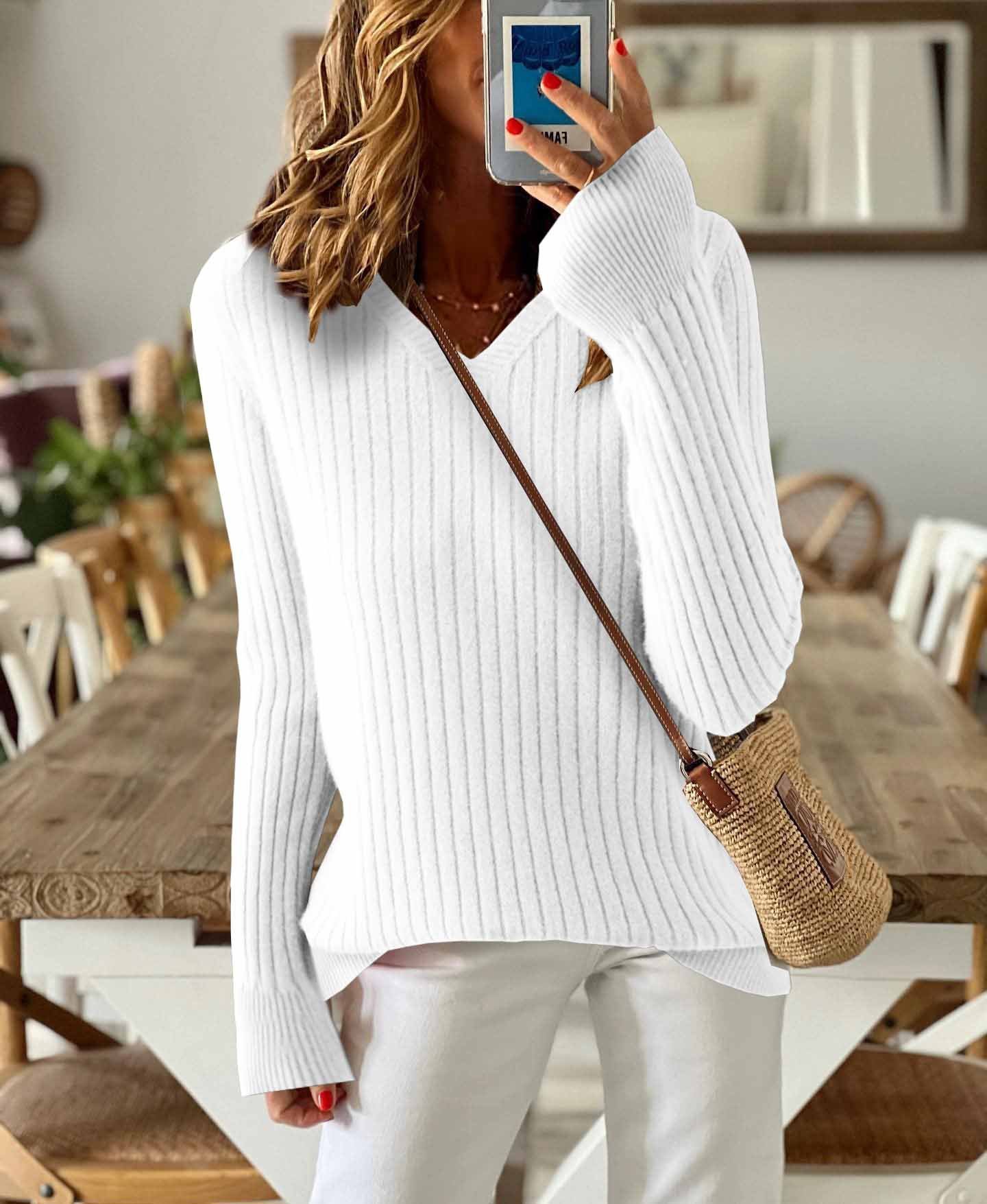 Women's Solid Color Long-Sleeved Temperament Knitted V-Neck Inner Sweater Versatile Fashion Slim Fit
