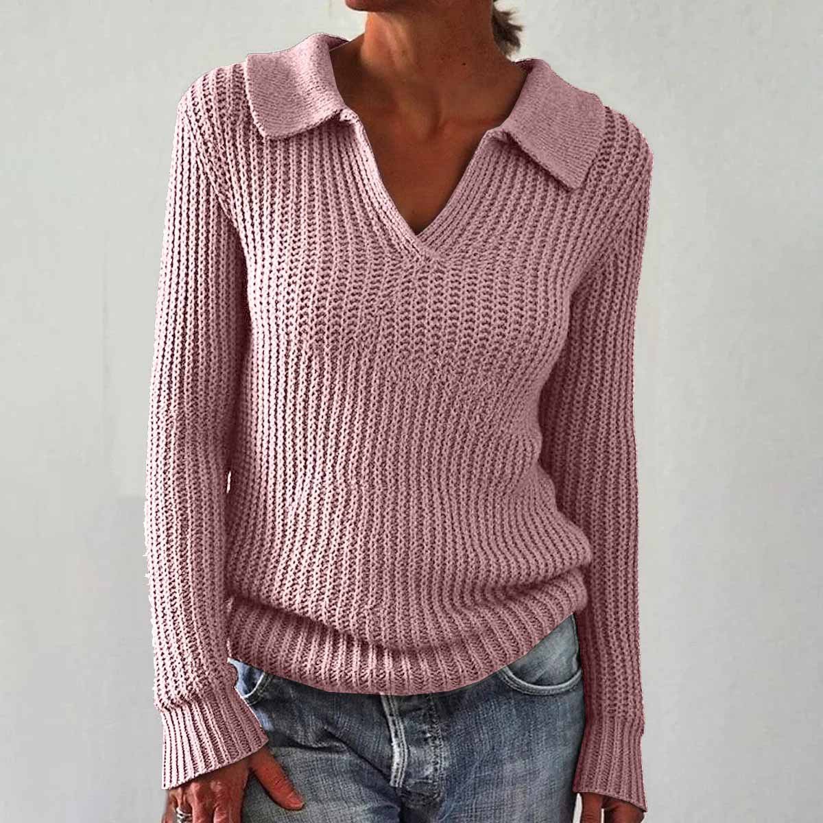 Women's Solid Color Long Sleeve Sweater Lapel Slim Fit Vintage Knit Top