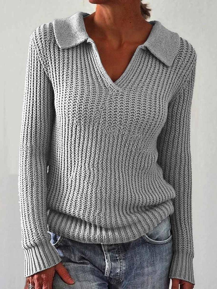 Women's Solid Color Long Sleeve Sweater Lapel Slim Fit Vintage Knit Top