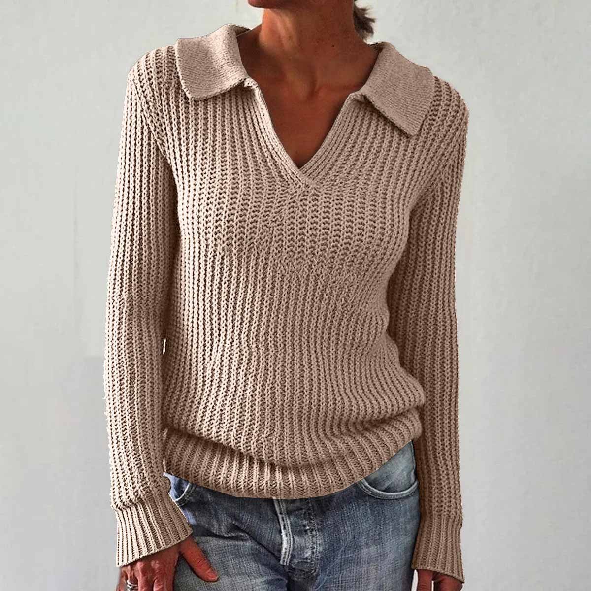 Women's Solid Color Long Sleeve Sweater Lapel Slim Fit Vintage Knit Top