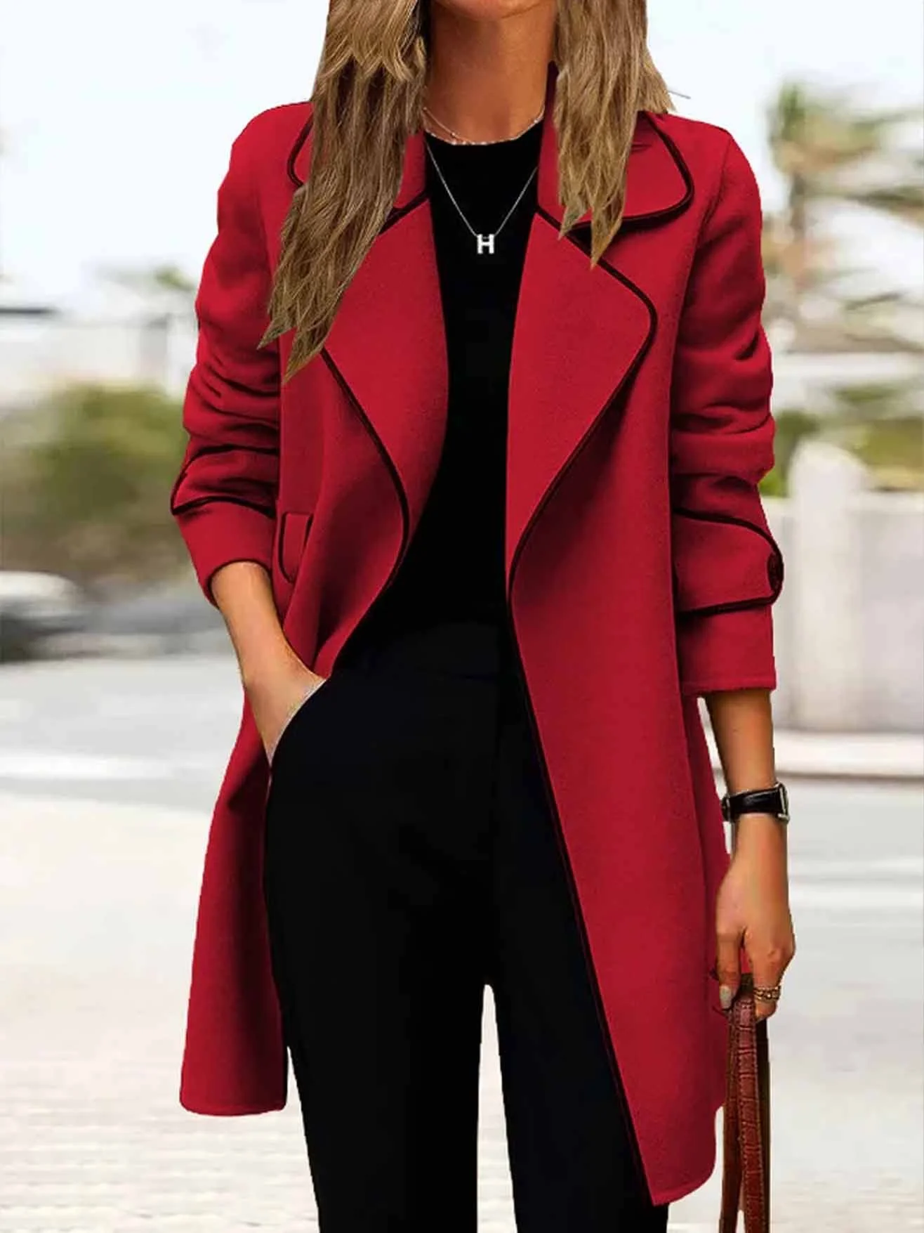 Women's Autumn And Winter Contrast Color Long Sleeve Woolen Coat