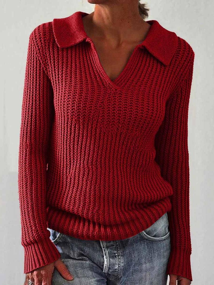 Women's Solid Color Long Sleeve Sweater Lapel Slim Fit Vintage Knit Top