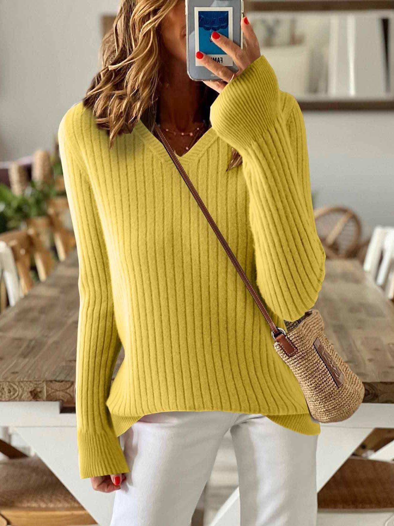 Women's Solid Color Long-Sleeved Temperament Knitted V-Neck Inner Sweater Versatile Fashion Slim Fit