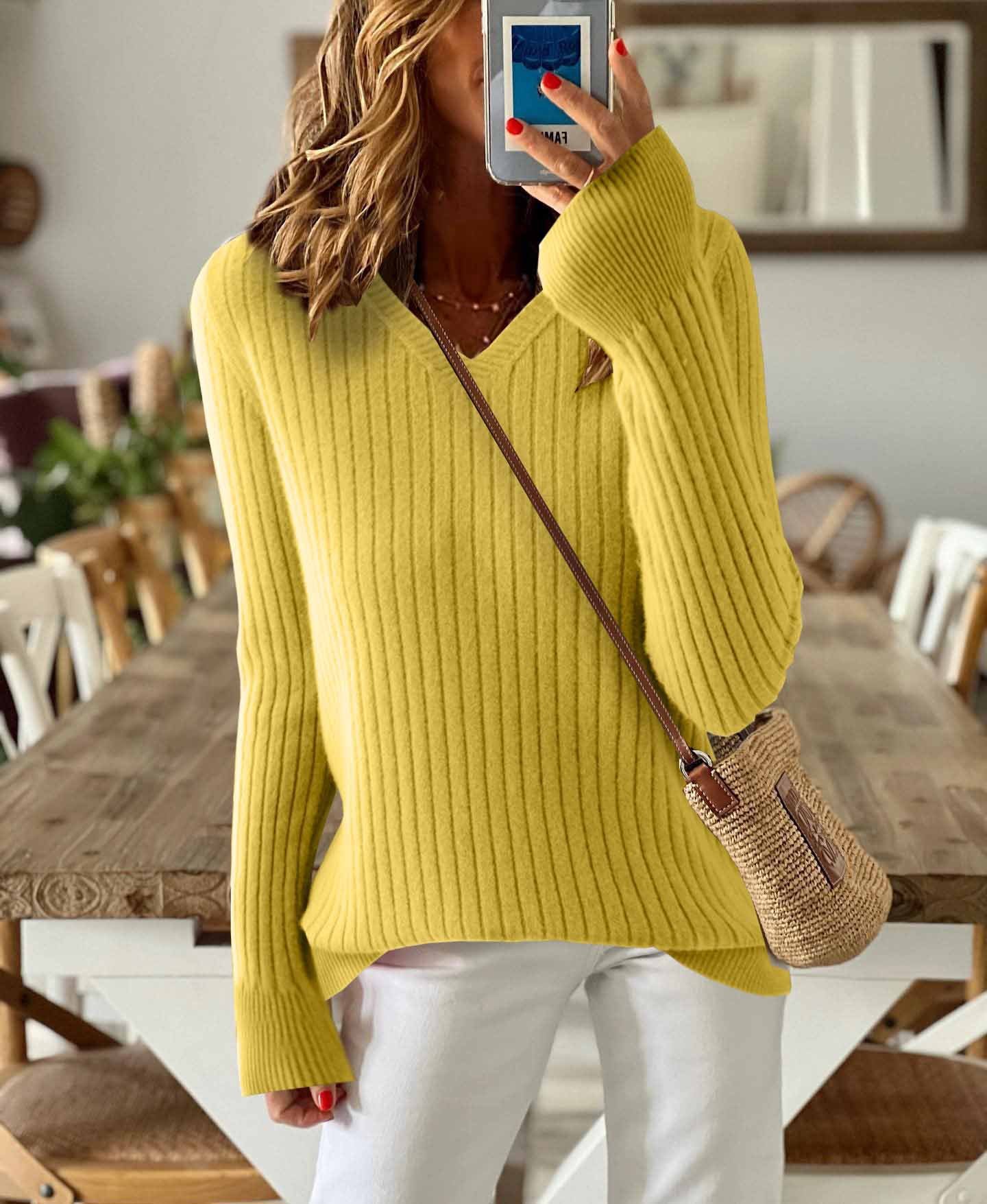 Women's Solid Color Long-Sleeved Temperament Knitted V-Neck Inner Sweater Versatile Fashion Slim Fit