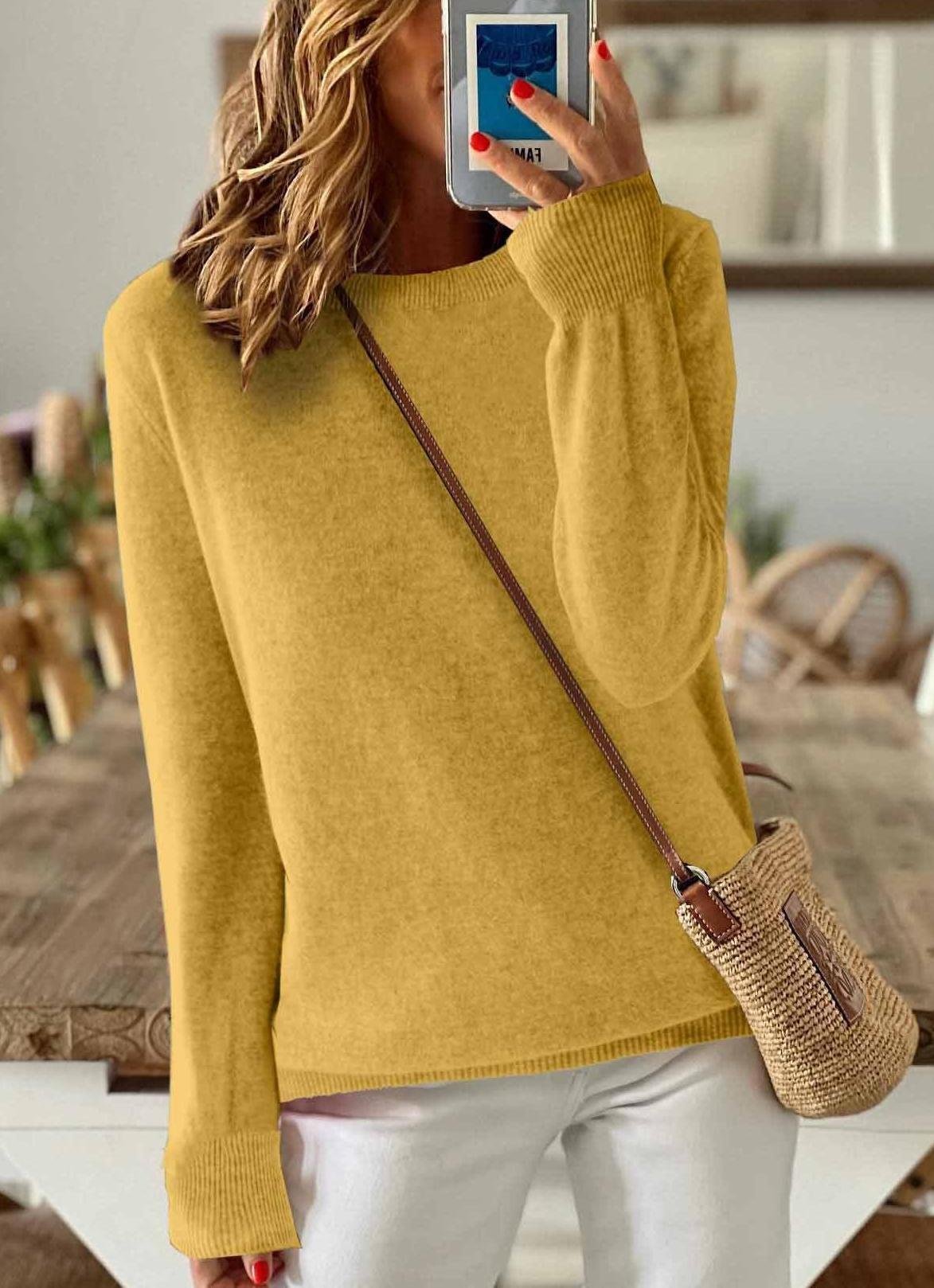 Women's Solid Color Long-Sleeved Round Neck Pullover Thin Knitted Bottoming Shirt