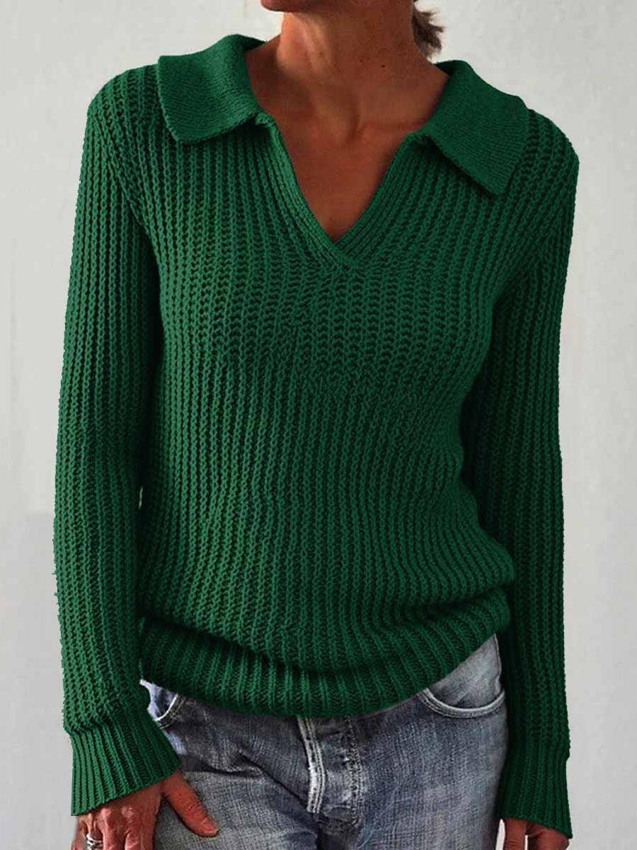 Women's Solid Color Long Sleeve Sweater Lapel Slim Fit Vintage Knit Top