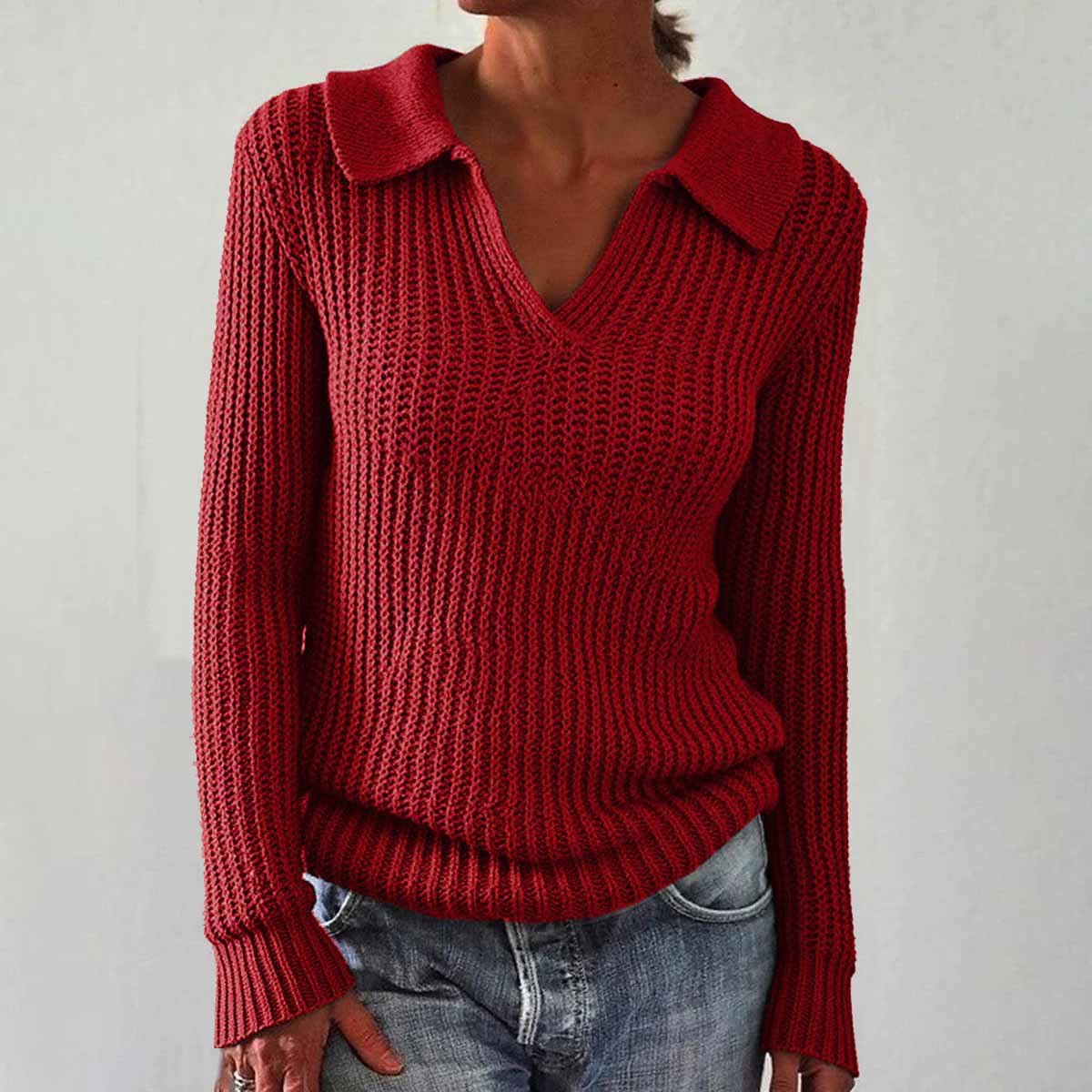 Women's Solid Color Long Sleeve Sweater Lapel Slim Fit Vintage Knit Top