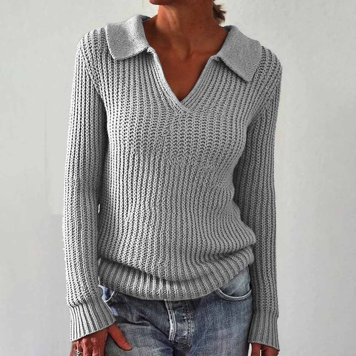 Women's Solid Color Long Sleeve Sweater Lapel Slim Fit Vintage Knit Top