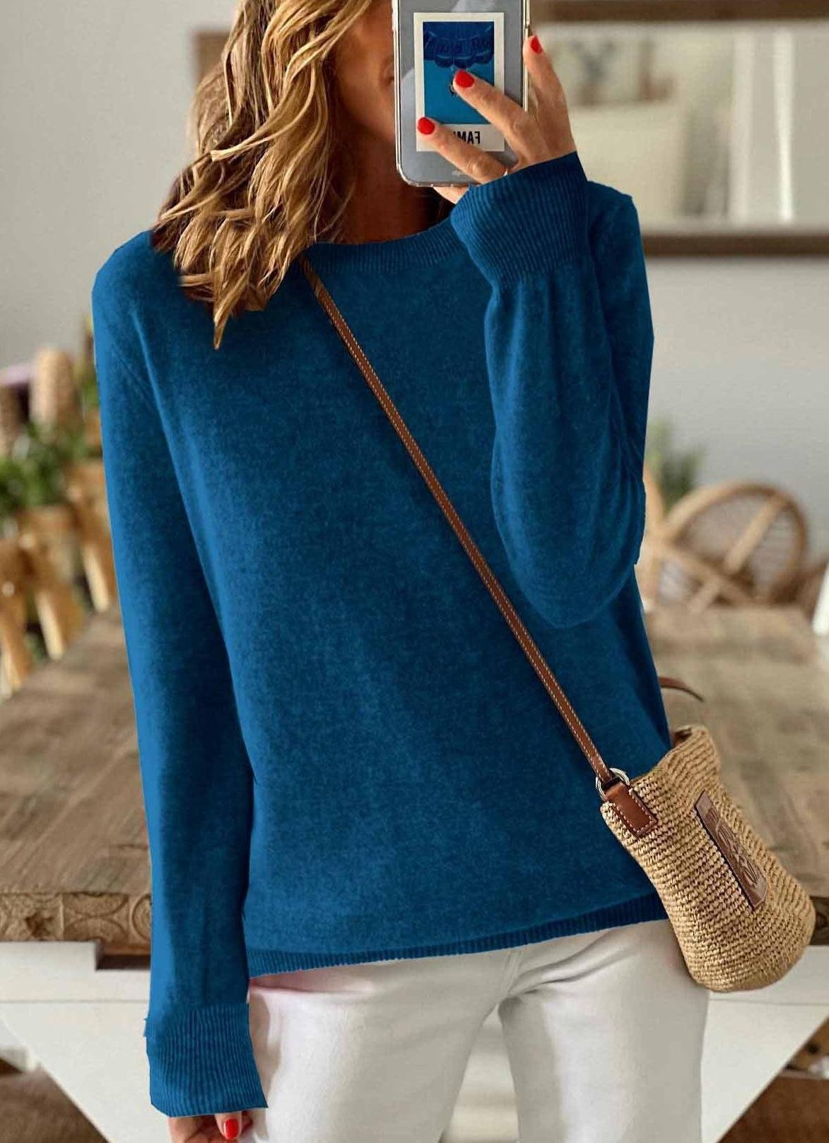 Women's Solid Color Long-Sleeved Round Neck Pullover Thin Knitted Bottoming Shirt
