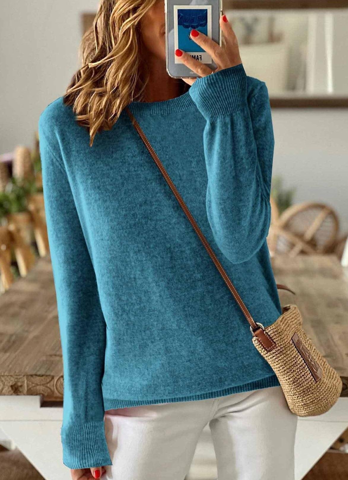 Women's Solid Color Long-Sleeved Round Neck Pullover Thin Knitted Bottoming Shirt