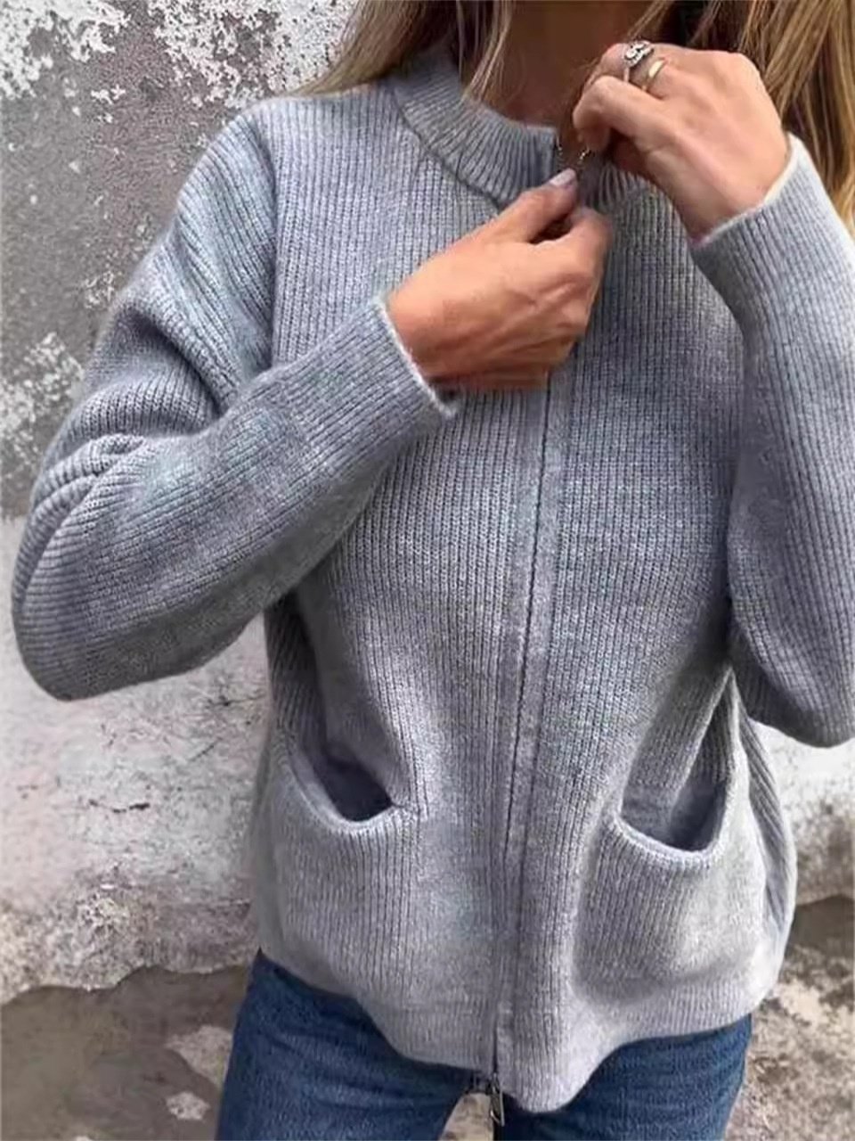 Stand Collar Casual  Sweater Knitted Stand Collar Zipper Coat Loose Pocket Jacket