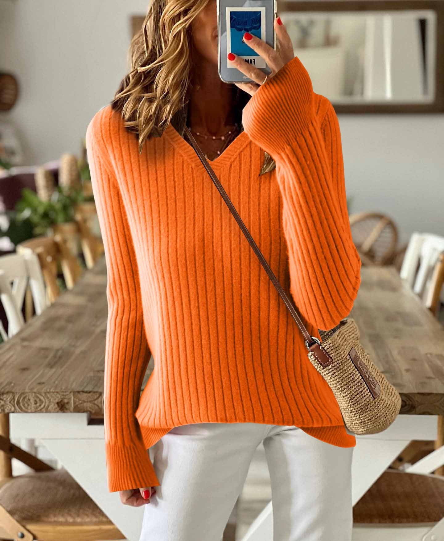 Women's Solid Color Long-Sleeved Temperament Knitted V-Neck Inner Sweater Versatile Fashion Slim Fit
