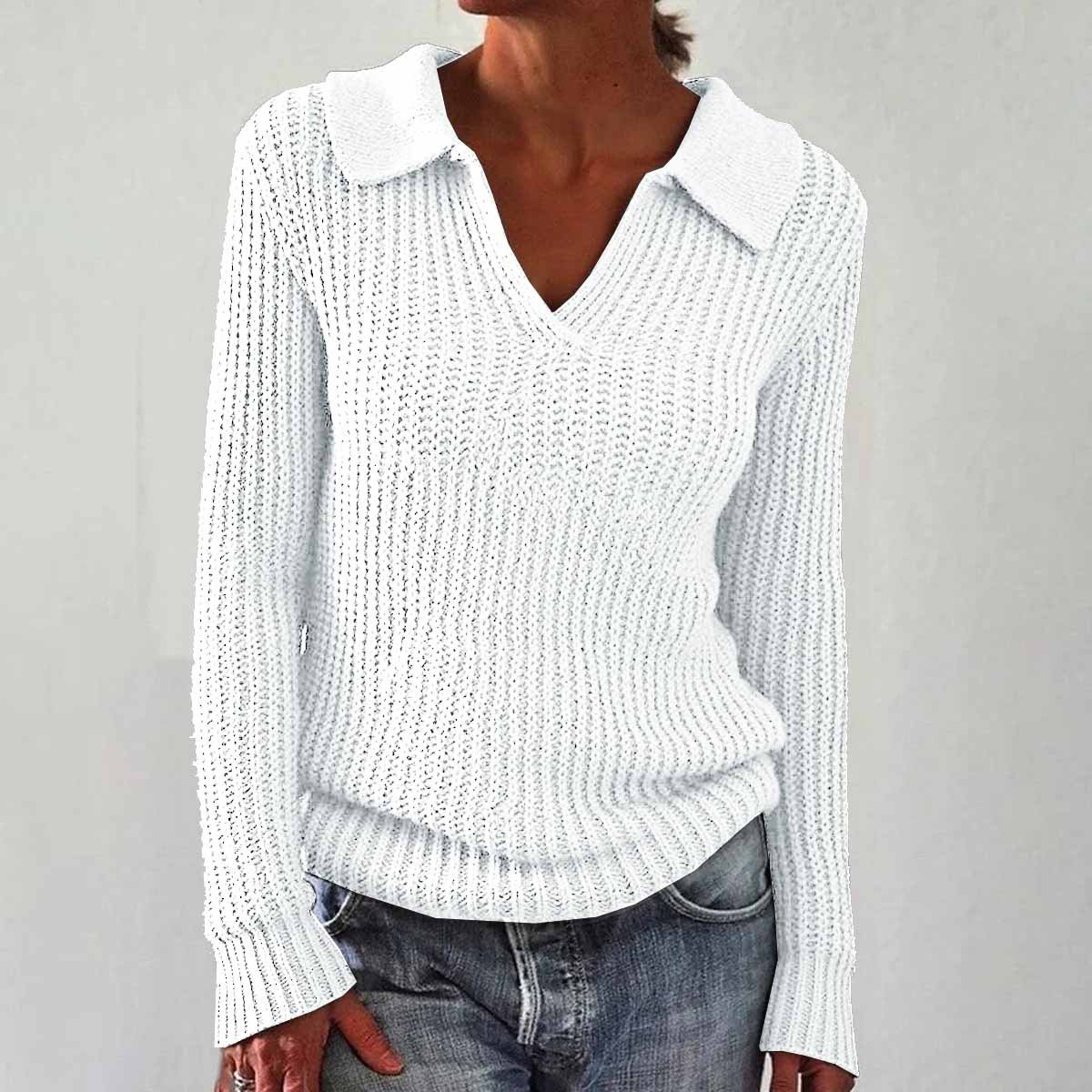 Women's Solid Color Long Sleeve Sweater Lapel Slim Fit Vintage Knit Top