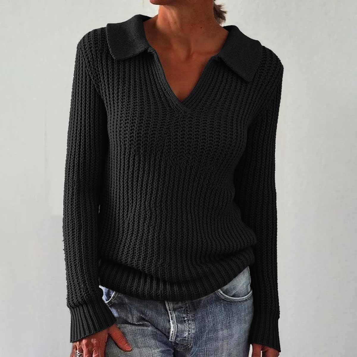 Women's Solid Color Long Sleeve Sweater Lapel Slim Fit Vintage Knit Top