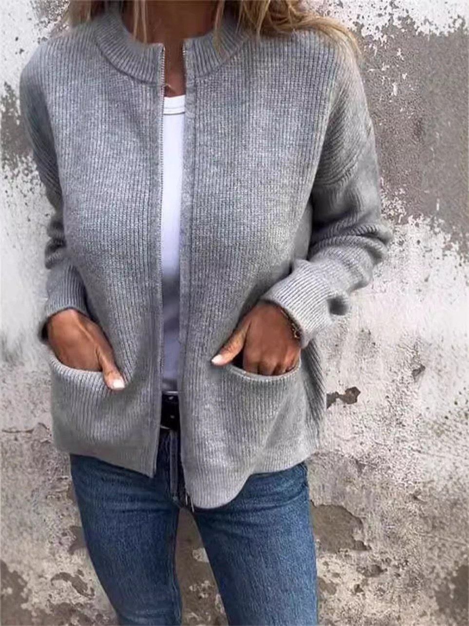 Stand Collar Casual  Sweater Knitted Stand Collar Zipper Coat Loose Pocket Jacket