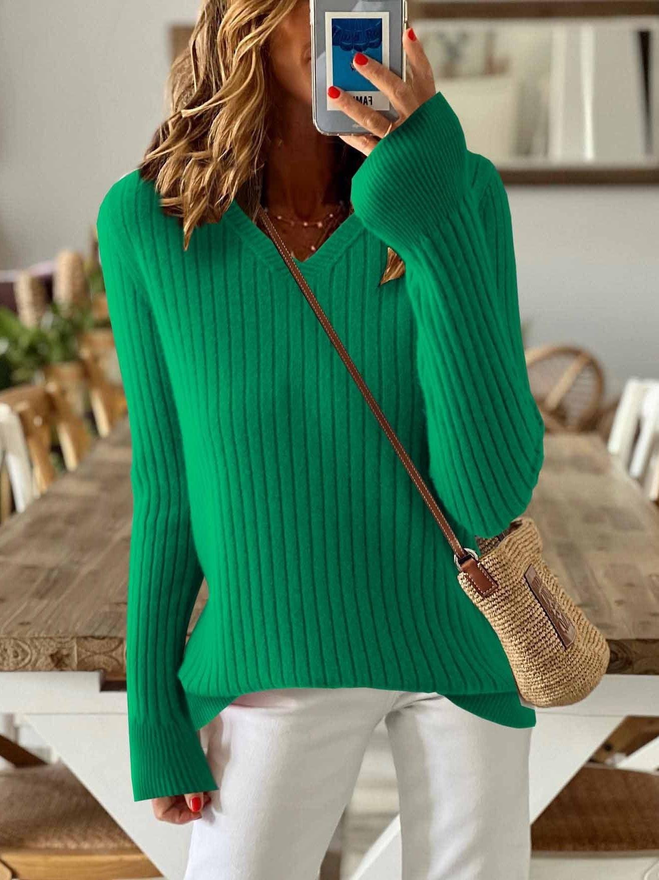 Women's Solid Color Long-Sleeved Temperament Knitted V-Neck Inner Sweater Versatile Fashion Slim Fit