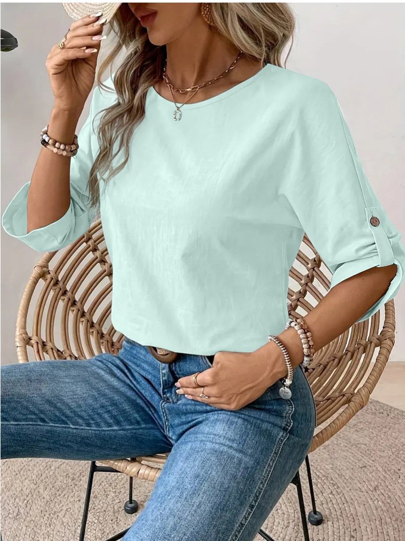 Women Plain Crew Neck Casual Long Sleeve T-shirt