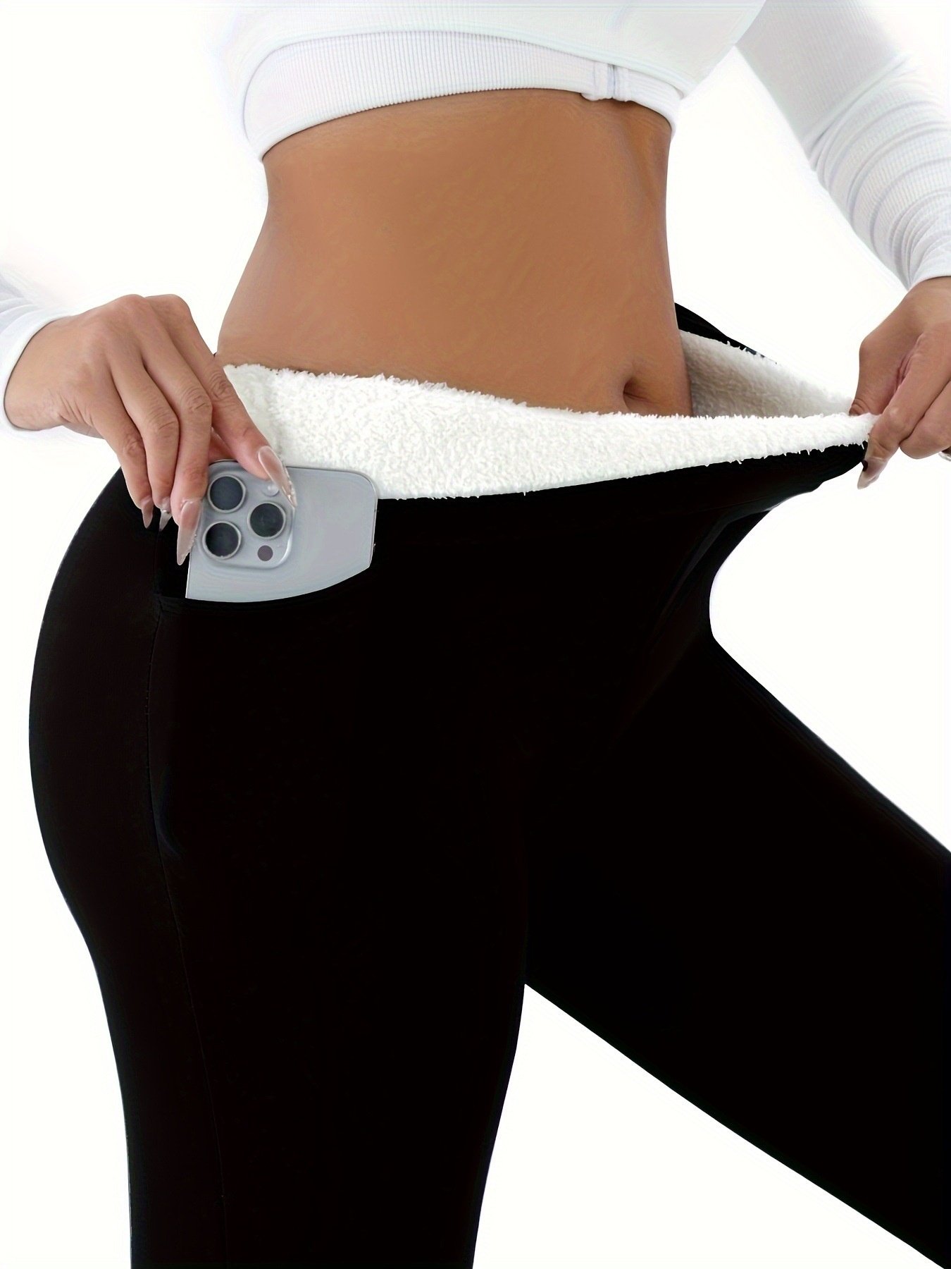 Plain Regular Fit Casual Fleece Lined Sports Style Leggings Warm High-waisted Slim Fit Casual Sports Pants With Pockets Leggings