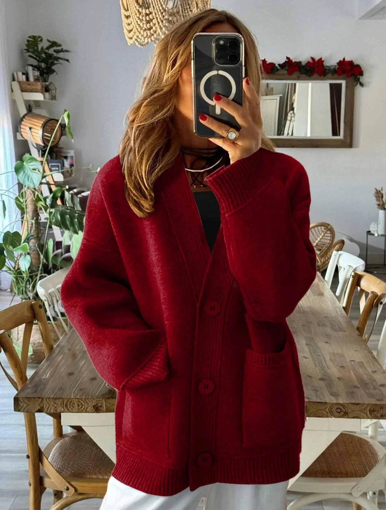 Women's Solid Color Autumn And Winter Thick Retro Sweater Long Sleeve Pocket Cardigan